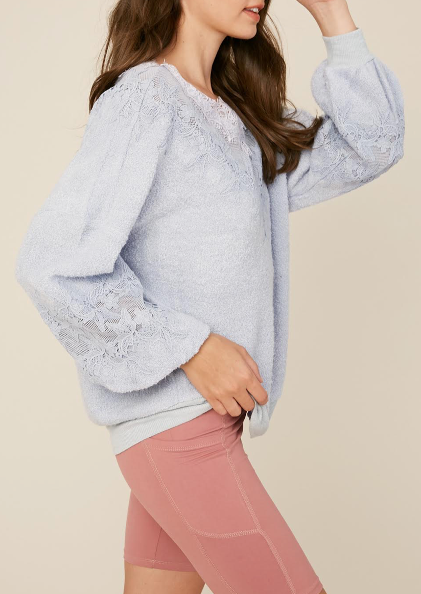Textured Terry Cloth V-neck Knit Top With Lace