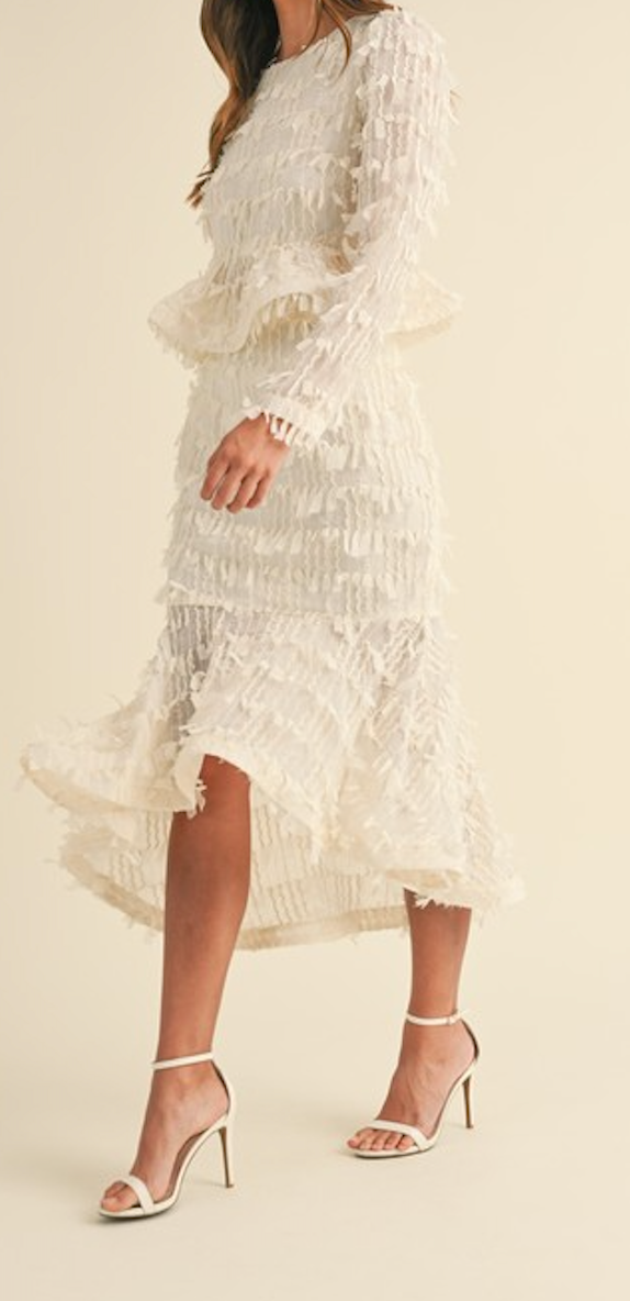 Fringe Chiffon Ruffled Top and High Low Midi Skirt