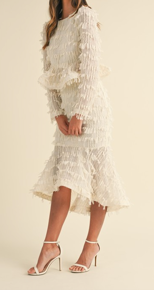Fringe Chiffon Ruffled Top and High Low Midi Skirt