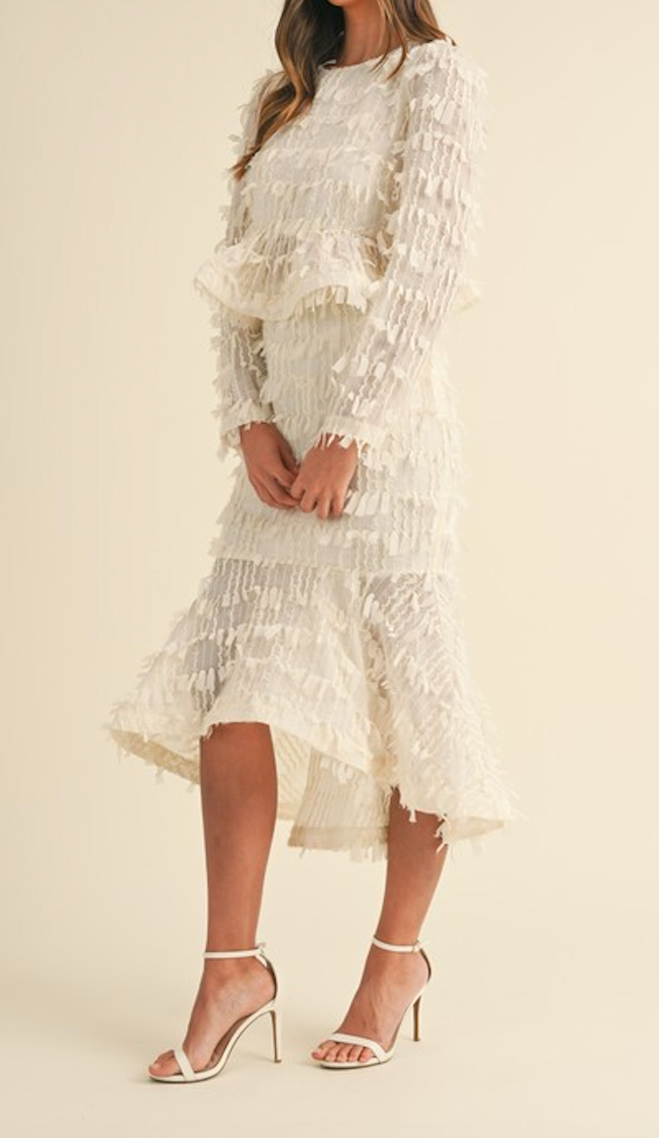 Fringe Chiffon Ruffled Top and High Low Midi Skirt
