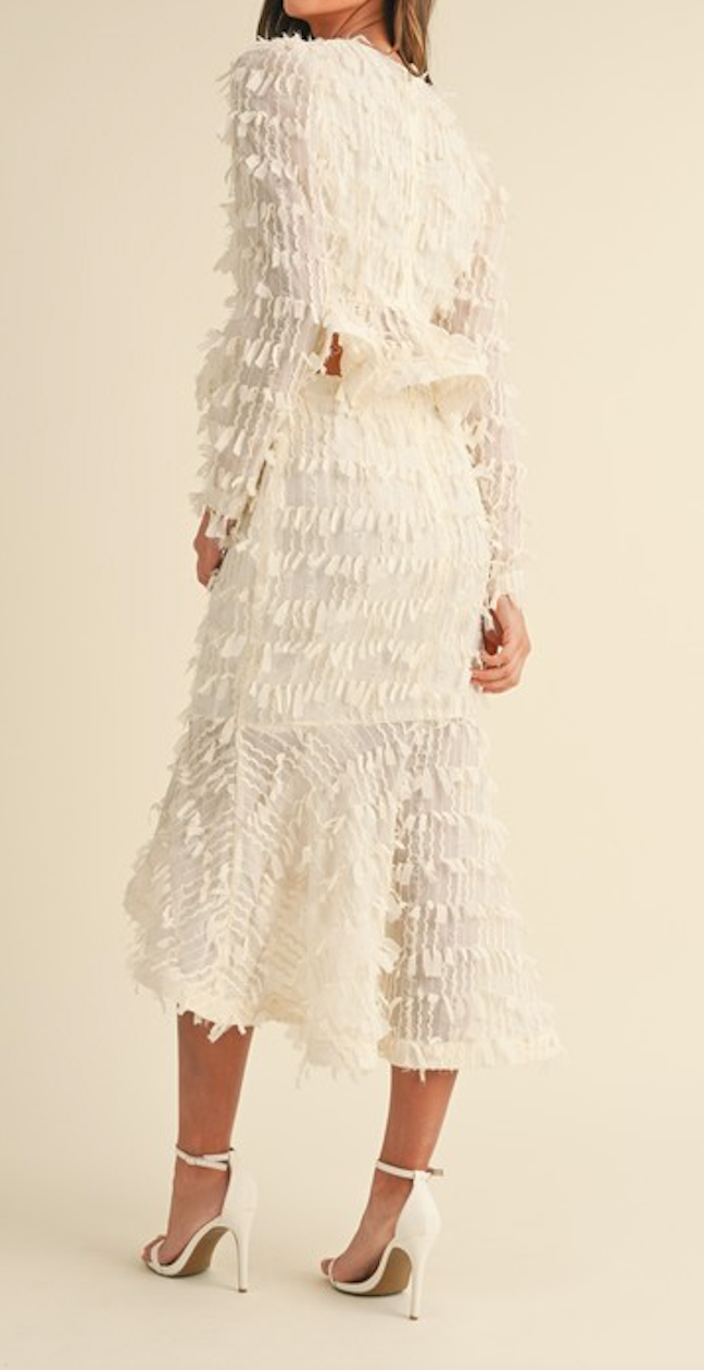 Fringe Chiffon Ruffled Top and High Low Midi Skirt