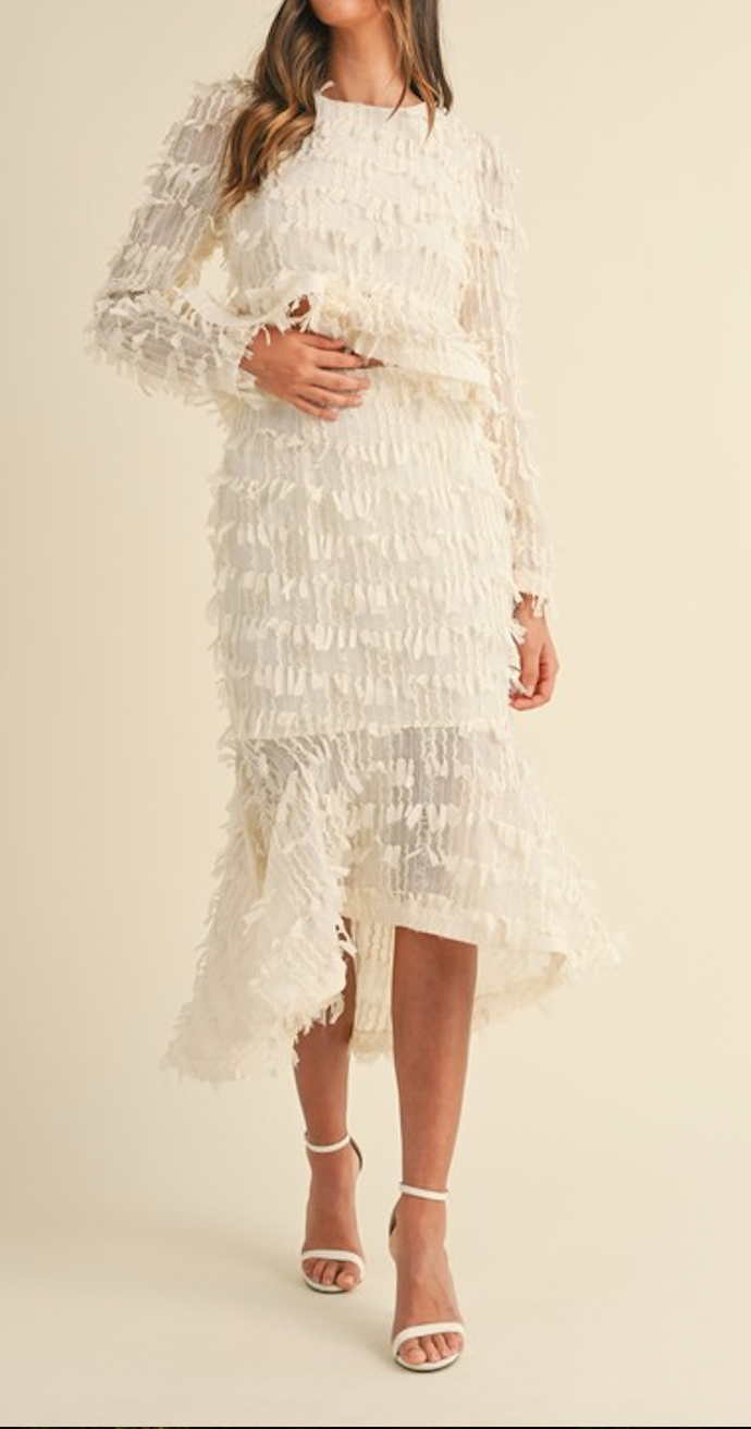 Fringe Chiffon Ruffled Top and High Low Midi Skirt