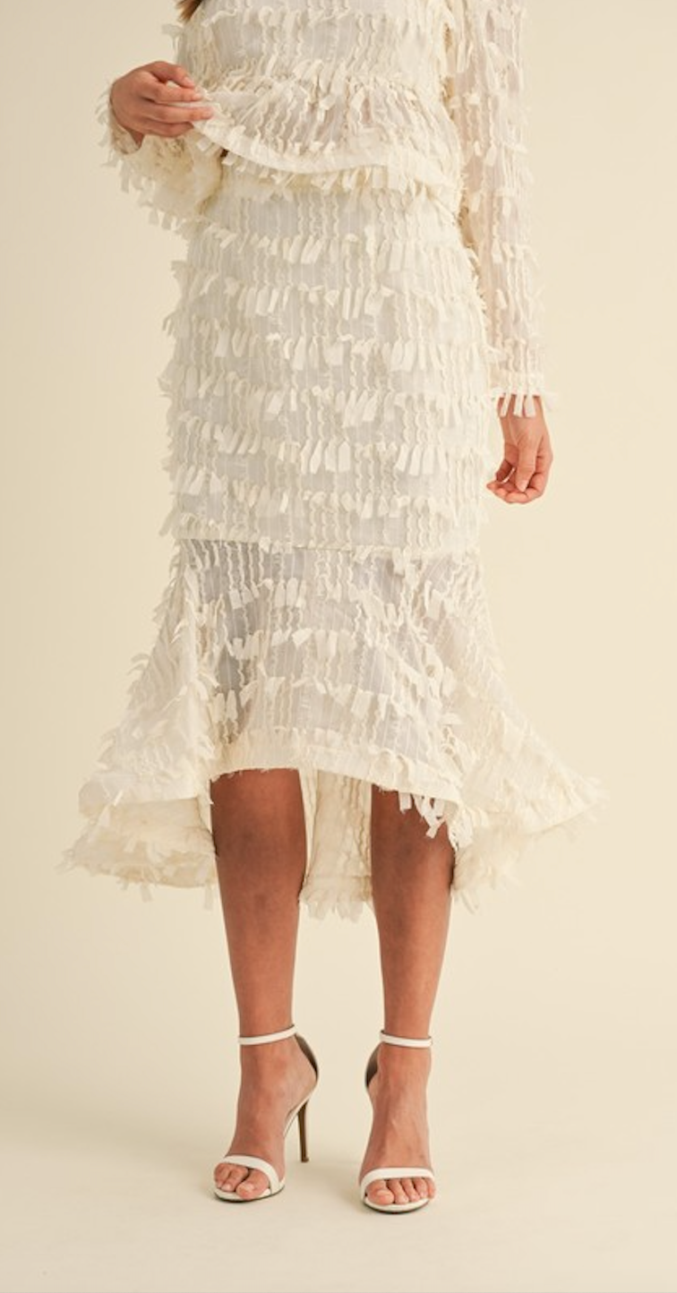 Fringe Chiffon Ruffled Top and High Low Midi Skirt