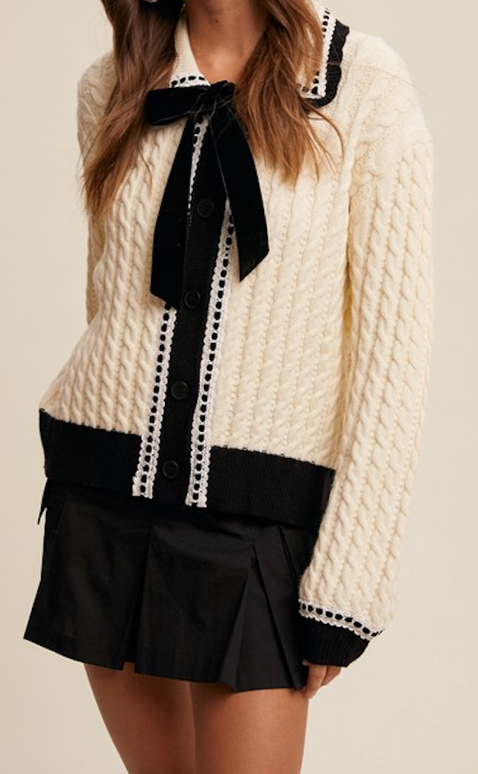 Vintage Cable Knit Button Front Cardigan with Bow