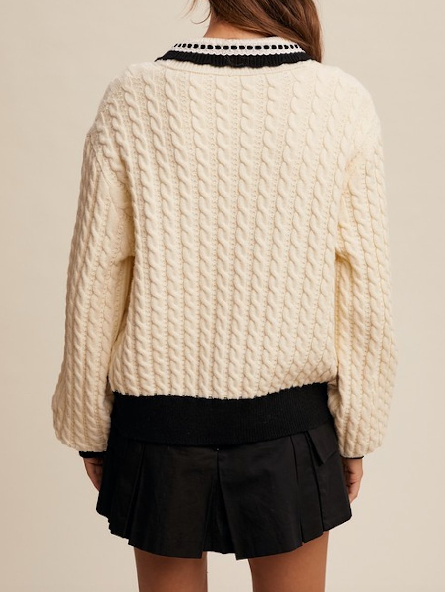 Vintage Cable Knit Button Front Cardigan with Bow