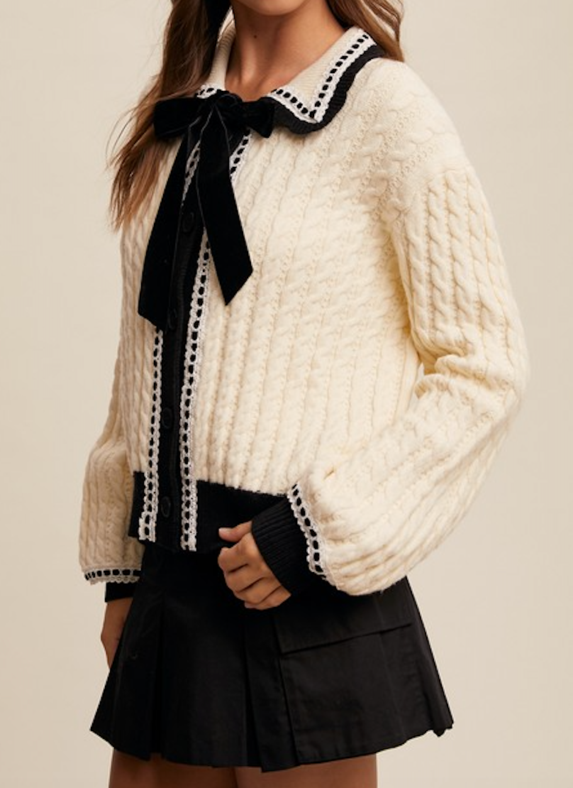 Vintage Cable Knit Button Front Cardigan with Bow