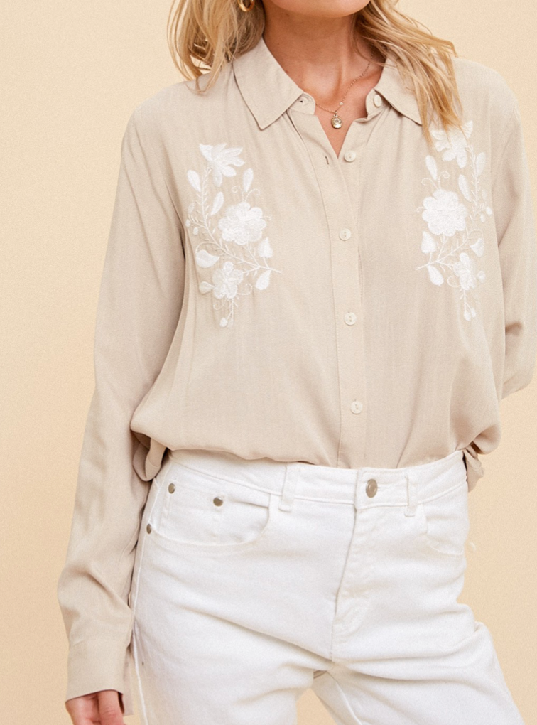 Floral Embroidery Front Tie Shirt