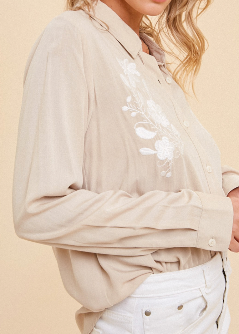 Floral Embroidery Front Tie Shirt