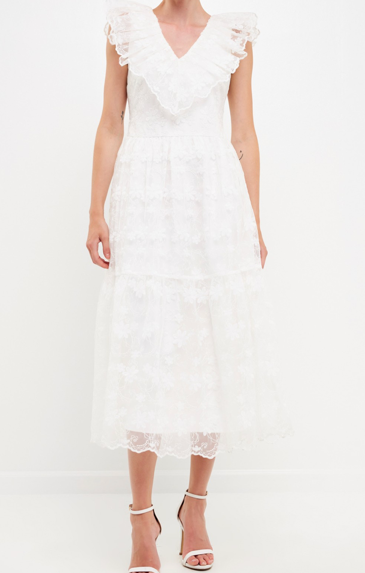 Floral Embroidery Organza Midi Dress