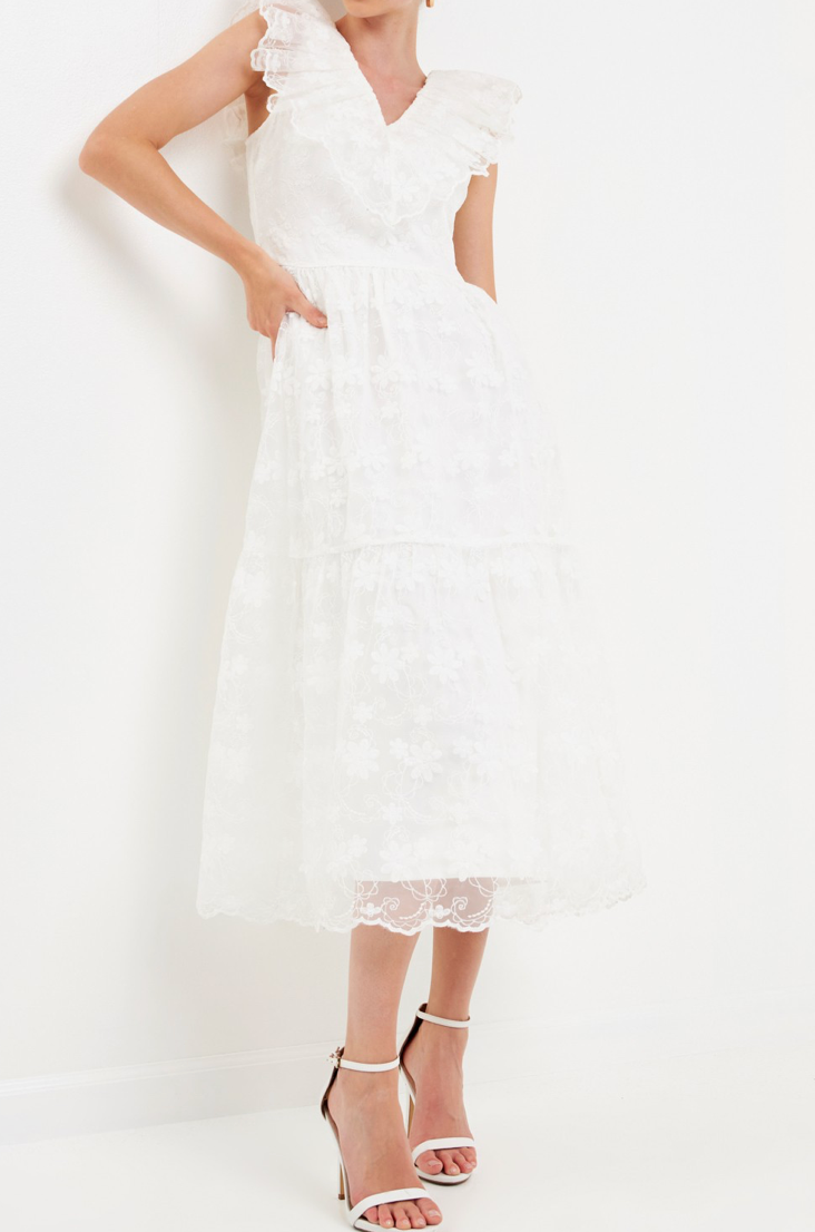 Floral Embroidery Organza Midi Dress