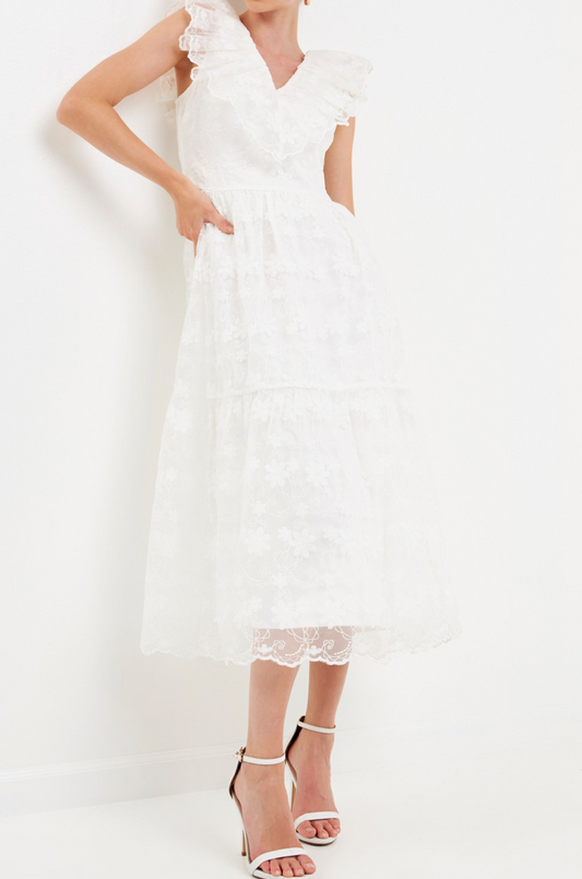 Floral Embroidery Organza Midi Dress