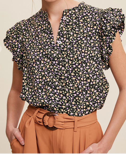 Floral Print Button Down Ruffle Sleeves Blouse