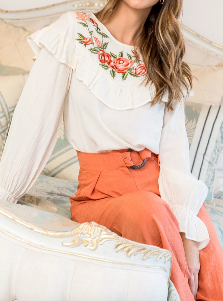 Embroidered Ruffle Top