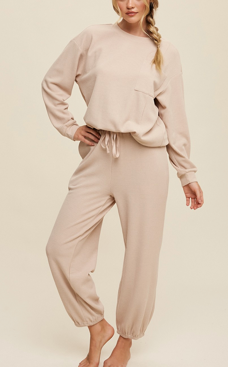 Waffle Knit Long Sleeve Top and Jogger Pants Set