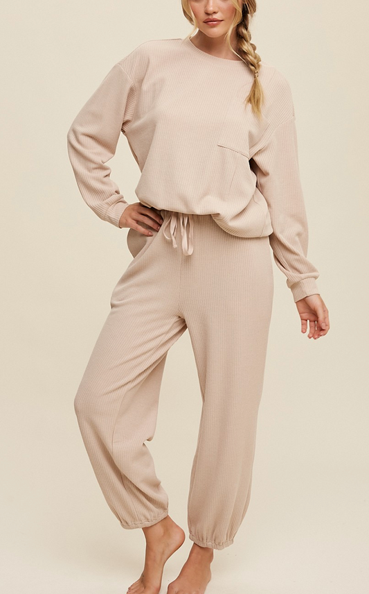 Waffle Knit Long Sleeve Top and Jogger Pants Set