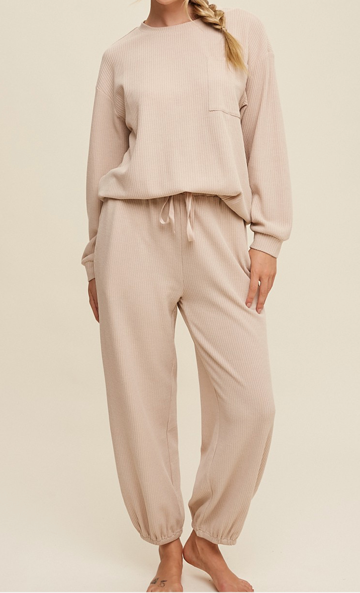 Waffle Knit Long Sleeve Top and Jogger Pants Set