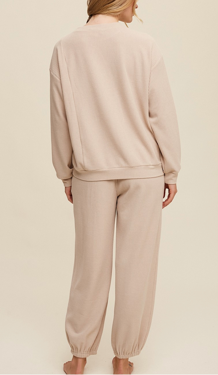 Waffle Knit Long Sleeve Top and Jogger Pants Set